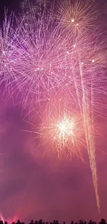 Vibrant fireworks display lighting up the night sky with purple hues.