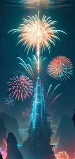 Futuristic cityscape with fireworks display at night.