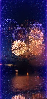 Colorful fireworks display with a purple glow.