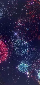 Colorful fireworks exploding in night sky.