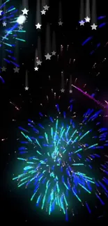 Colorful fireworks burst against a dark night sky.