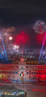 Vibrant fireworks illuminate a historic cityscape at night.