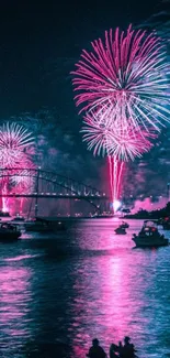 Colorful fireworks exploding over a tranquil night lake.