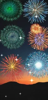 Vibrant fireworks burst in colorful night sky.