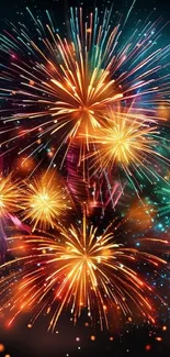 Vibrant fireworks exploding in colorful bursts on a dark background.
