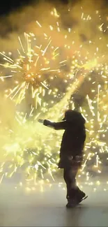 Silhouette surrounded by vibrant fireworks at night.