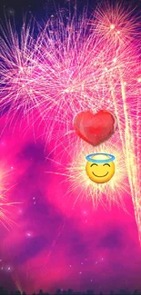 Vibrant fireworks with heart and angel emojis in the night sky.