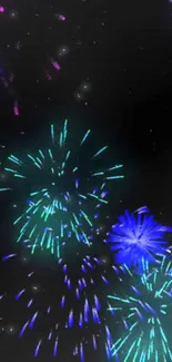 Vibrant fireworks in the night sky with blue and green glowing colors.