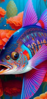 Vibrant fish among orange flowers in underwater scene.