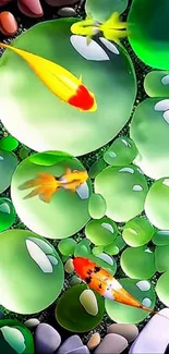 Colorful fish swimming among green bubbles.