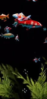 Colorful fish swim among green seaweed on a dark wallpaper.