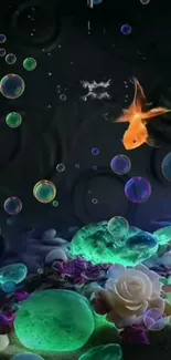 Colorful aquatic scene with fish and bubbles wallpaper.