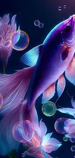 Vibrant fish swimming among pink flowers in a digital art wallpaper.