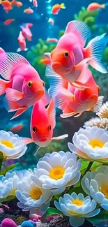 Vibrant pink fish swimming among flowers in an ocean scene.