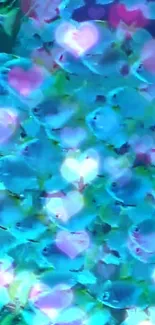 Blue tropical fish with glowing heart patterns on a vibrant wallpaper.