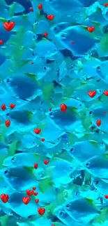 Vibrant blue fish and red hearts wallpaper.