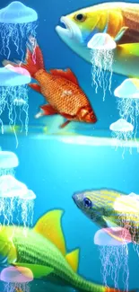 Colorful fish and jellyfish in underwater art wallpaper.