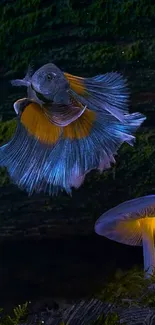 Vibrant fish swimming above glowing mushroom in dark setting.