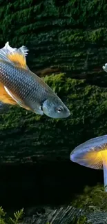 Two colorful fish swim near a glowing mushroom on a dark green background.