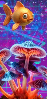 Animated fish and neon mushrooms on a cosmic background wallpaper.