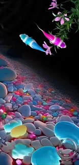 Colorful fish and pebbles digital art wallpaper.
