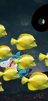 Cartoon shark with yellow fish on dark oceanic background.