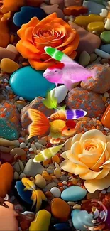 Vibrant fish swim among colorful stones and roses.