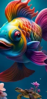 Colorful fish and turtle in artistic underwater setting.
