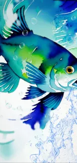 Vibrant blue and green fish in artistic water-themed wallpaper.