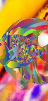 Colorful abstract fish art on vibrant mobile wallpaper.