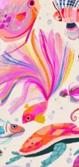 Colorful fish wallpaper with vibrant pink and marine designs.