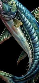Vibrant fish artwork with intricate scales on a dark background.