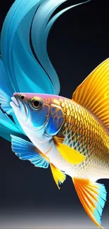 Vibrant blue and orange fish with artistic fins on a dark background.