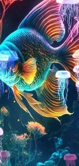 Vibrant neon-colored fish in aquatic art wallpaper.