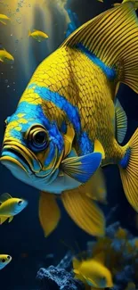 Vibrant blue and yellow fish swimming underwater fantasy art.