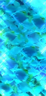 Vibrant blue background with fish swimming.