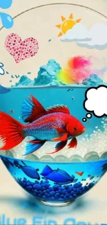 Colorful fish bowl wallpaper with a red fish and vibrant aquatic elements.