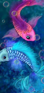 Artistic wallpaper featuring vibrant fish on blue and purple aquatic background.