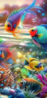 Colorful fish swimming in vibrant underwater fantasy scene.