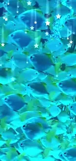 Colorful fish swimming with stars in a vibrant, blue ocean-themed wallpaper.