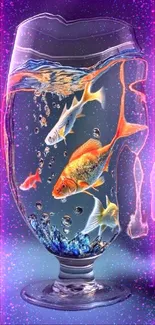 Vibrant fish swim gracefully inside a glass, creating a surreal artistic scene.