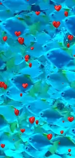 Blue fish with red hearts swimming in lively oceanic wallpaper.