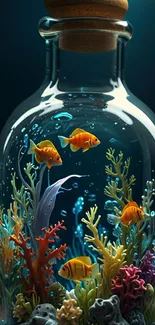 Colorful fish and coral in glass bottle aquarium.