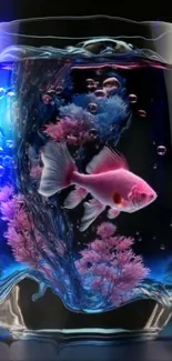 Pink fish in a glass with colorful coral artwork wallpaper.