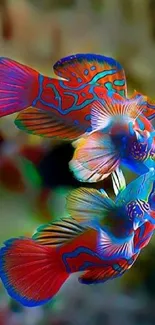 Colorful mandarin fish in vibrant blue and red hues, stunning marine wallpaper.