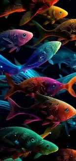 Colorful neon fish swimming in darkness.