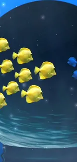 Blue ocean wallpaper with vibrant yellow and blue fish.