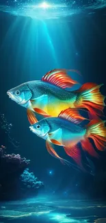 Vibrant fish swimming in a luminous underwater ocean scene.