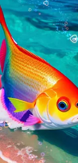 Vibrant fish riding a wave on a sunny beach.