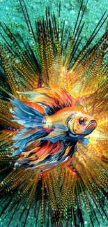 Colorful fish on a vibrant sea urchin background.